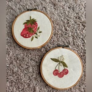 Set of 2- dainty hoop art- crewel- knit- strawberry, cherry, beige, vtg …